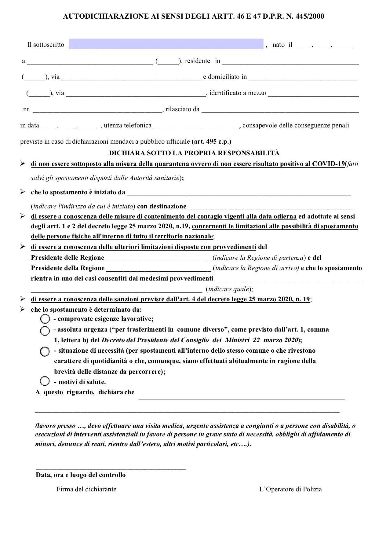 nuovo modulo autocertificazione