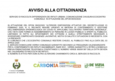 Emergenza Covid-19: chiusura dell&#039;Ecocentro Comunale da domani, giovedì 12 Marzo, fino al 3 Aprile 2020