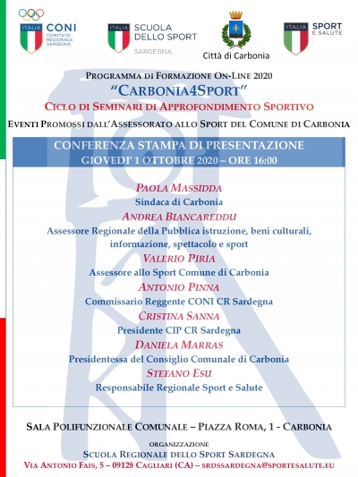 &quot;Carbonia4Sport&quot;, giovedì 1° Ottobre alle ore 16 in sala polifunzionale il ciclo di seminari di approfondimento sportivo