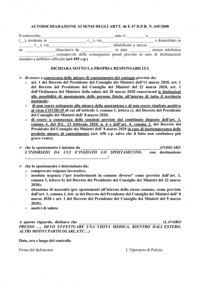 Il Comune di Carbonia pubblica il nuovo modulo di autocertificazione da utilizzare per gli spostamenti