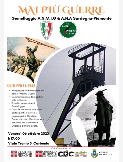 VENERDÌ 6 OTTOBRE ALLE ORE 17 L’INIZIATIVA “MAI PIÙ GUERRE” E ALLE ORE 18.30 IN CONSIGLIO COMUNALE IL CONFERIMENTO DELLA CITTADINANZA ONORARIA AL MILITE IGNOTO