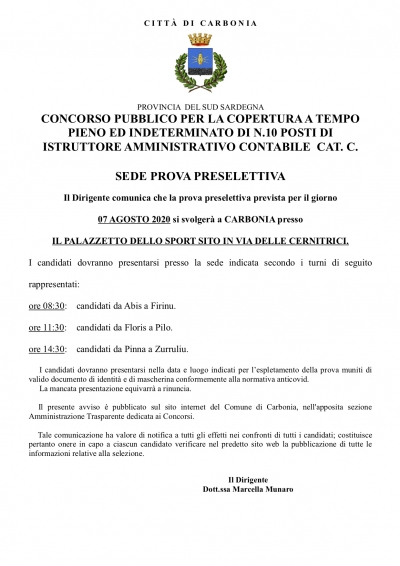 Comunicazione sede e turni prova preselettiva per concorso pubblico a tempo pieno e indeterminato per 10 Istruttori Amministrativi Contabili Categoria C