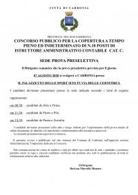 Comunicazione sede e turni prova preselettiva per concorso pubblico a tempo pieno e indeterminato per 10 Istruttori Amministrativi Contabili Categoria C