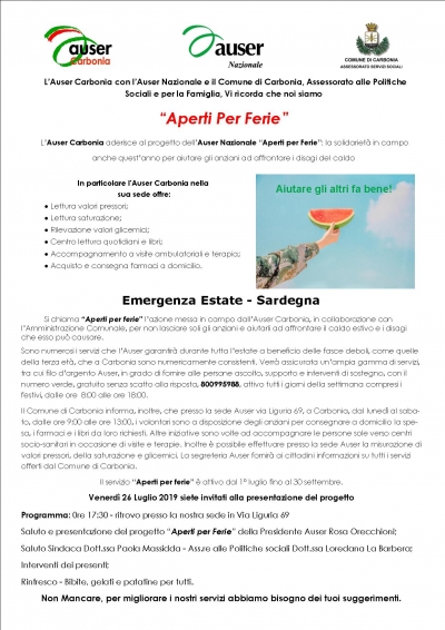 Supporto agli anziani nel periodo estivo: venerdì 26 Luglio alle ore 17.30 la presentazione del progetto &quot;Aperto per ferie&quot;