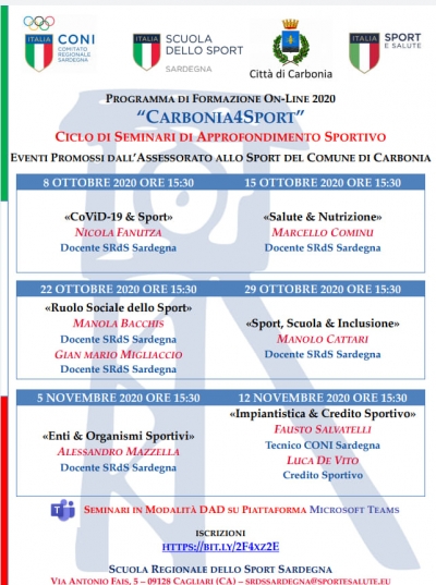 Giovedì 15 Ottobre alle ore 15.30 in sala polifunzionale il convegno &quot;Salute e nutrizione&quot;, secondo appuntamento del ciclo di seminari di approfondimento &quot;Carbonia4Sport&quot;