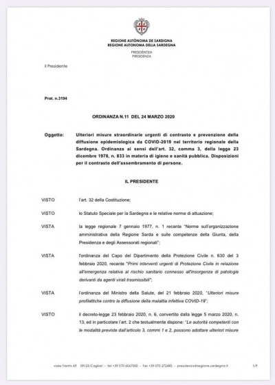 Il testo integrale dell&#039;ordinanza n. 11 del Presidente della Regione Sardegna emanata in data 24 Marzo 2020