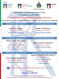 Giovedì 8 Ottobre alle ore 15.30 in sala polifunzionale il convegno &quot;Covid-19&amp;Sport&quot; apre il ciclo di seminari di approfondimento &quot;Carbonia4Sport&quot;