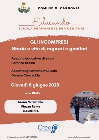 GIOVEDÌ 8 GIUGNO ALLE ORE 18.30 ALL’ARENA MIRASTELLE LORENZO BRAINA CON IL READING “GLI INCOMPRESI: STORIE E VITE DI RAGAZZI E GENITORI”