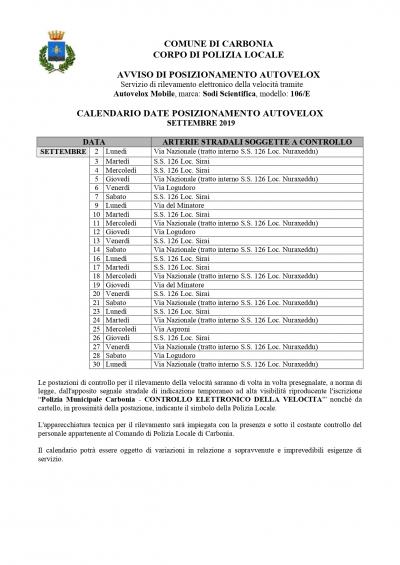 Calendario postazioni autovelox Settembre 2019