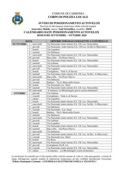 Riprendono i controlli sul rispetto dei limiti di velocità nelle strade comunali: ecco il calendario delle postazioni autovelox per i mesi di Settembre e Ottobre 2020