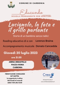 GIOVEDÌ 20 LUGLIO ALLE ORE 21 ALL’ARENA MIRASTELLE LORENZO BRAINA PROTAGONISTA DEL READING EDUCATIVO DAL TITOLO “LUCIGNOLO, LA FATA E IL GRILLO PARLANTE”