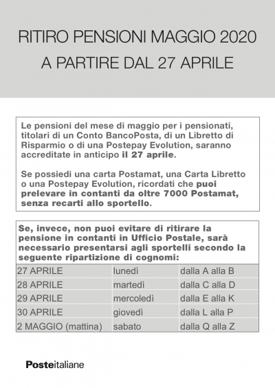 Covid-19, pagamento pensioni Maggio: il Comune di Carbonia pubblica gli orari di apertura degli uffici postali situati nel territorio comunale