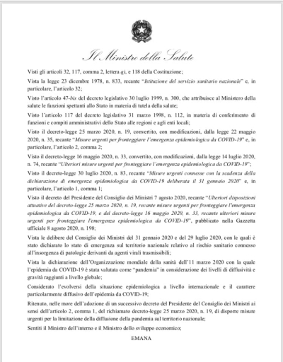 Ordinanza del ministro della Salute: chiusura discoteche e obbligo di mascherine all&#039;aperto e negli spazi pubblici dalle ore 18 alle ore 6 del mattino