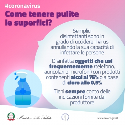 Covid-19, ridurre le possibilità di contagio tenendo pulite le superfici