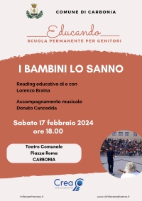 SABATO 17 FEBBRAIO 2024 AL TEATRO COMUNALE IN PIAZZA ROMA IL DOTT. LORENZO BRAINA PROTAGONISTA DEL READING EDUCATIVO DAL TITOLO “I BAMBINI LO SANNO”