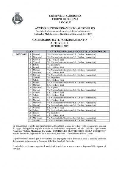 Calendario postazioni autovelox mese di Ottobre 2019