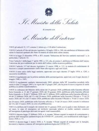 Ordinanza del Ministro della Salute emanata di concerto con il Ministro dell&#039;Interno in data domenica 22 Marzo 2020