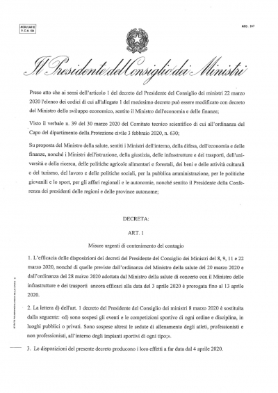 Misure urgenti di contenimento del contagio da COVID-19: proroga fino al 13 Aprile 2020