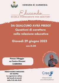 GIOVEDÌ 29 GIUGNO ALLE ORE 21 NELL’EX CENTRO GIOVANI DI PIAZZA 1° MAGGIO LORENZO BRAINA CON L’INCONTRO TEMATICO “DA QUALCUNO AVRÀ PRESO! QUESTIONE DI CARATTERE NELLA RELAZIONE EDUCATIVA”