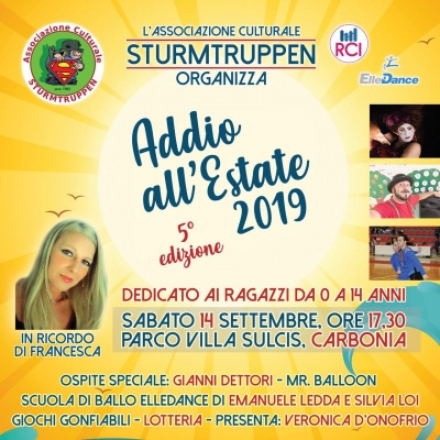 Sabato 14 Settembre alle ore 17.30 nel Parco di Villa Sulcis la grande Festa di Fine Estate 2019 dedicata ai nostri bambini con giochi, spettacoli di animazione e danza