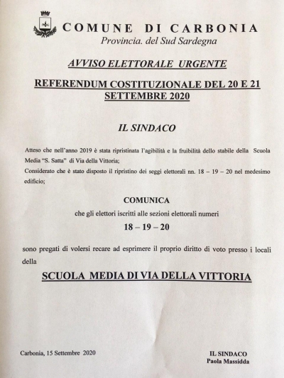 Referendum Costituzionale del 20-21 Settembre: ripristino seggi elettorali 18-19-20 presso la scuola Sebastiano Satta di via della Vittoria