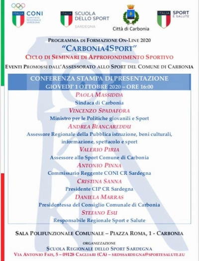 Il Ministro dello Sport Vincenzo Spadafora interverrà oggi alle ore 16 alla conferenza stampa di presentazione del ciclo di seminari &quot;Carbonia4Sport&quot;