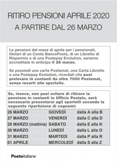 Covid-19: pagamento pensioni: il Comune di Carbonia pubblica gli orari di apertura al pubblico degli uffici postali situati nel territorio comunale