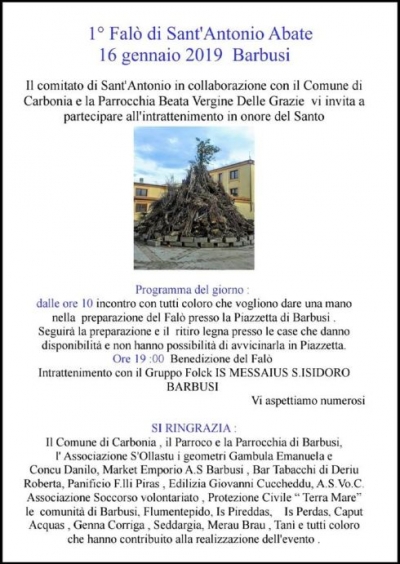 DOMANI A BARBUSI ALLE ORE 19 IL “1° FALÒ DI SANT’ANTONIO ABATE”